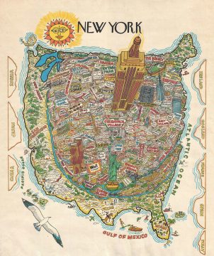 1975 Pictorial Cartoon Map of New York City (or world as seen by a New Yorker)