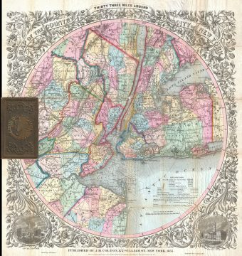 1855 Colton Map of New York City and Vicinity (33 Miles Around)