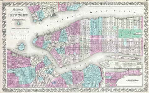 1861 Colton Map of New York City w/ Brooklyn, Manhattan, and Hoboken