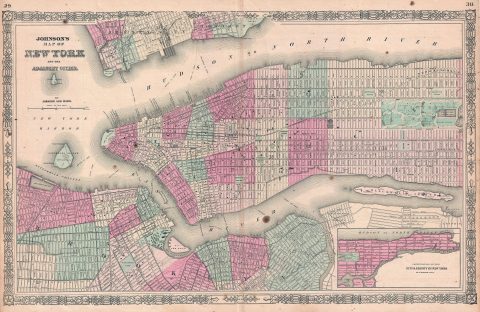1865 Johnson Map of New York City and Brooklyn