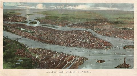 1897 Colton Chromolithograph Map View of New York City:  Manhattan Brooklyn Queens