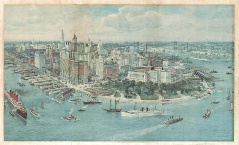 1911 Richard Rummell Bird's Eye View of Lower  Manhattan, New York City (shows Titanic!)