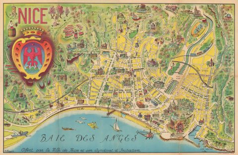 1950 Poisson Pictorial Map of Nice, French Riviera, France