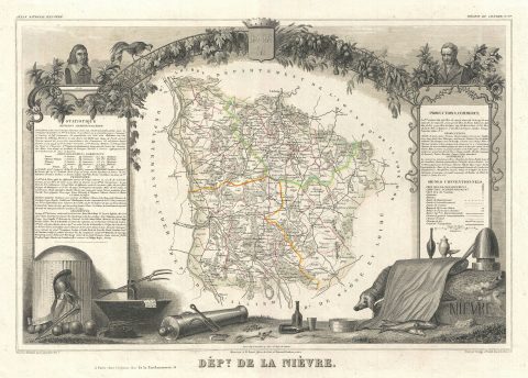 1852 Levasseur Map of the Department De La Nievre, France (Burgundy or Bourgogne Wine Region)