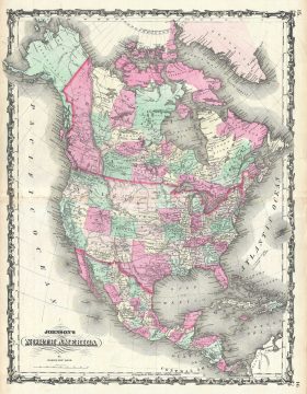 1863 Johnson Map of North America (Canada, United States, Mexico)