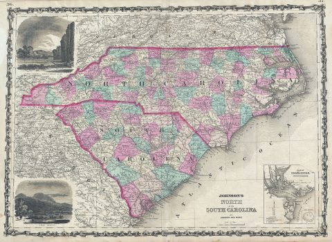 1863 Johnson Map of North Carolina and South Carolina