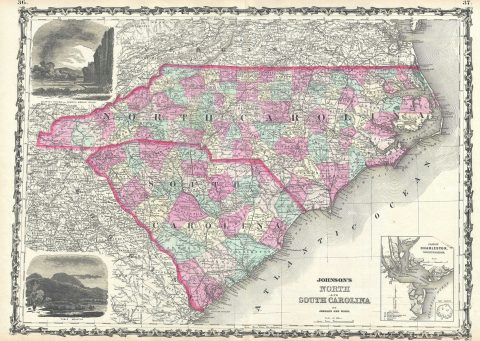 1863 Johnson Map of North Carolina and South Carolina
