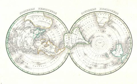 1838 Bradford Map of the World on Polar Projection ( Northern and Southern Hemispheres )