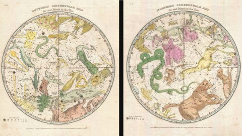 1835 Burritt - Huntington Map of the Constellations of the Hemispheres (2 Maps)