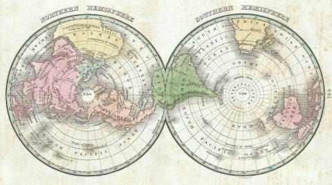 1835 Bradford Map of the World on Polar Projection (Northern Hemisphere and Southern Hemisphere)