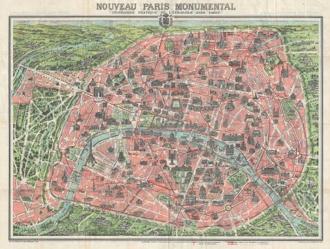 1909 Garnier Pictorial Map of Paris, France w/Monuments