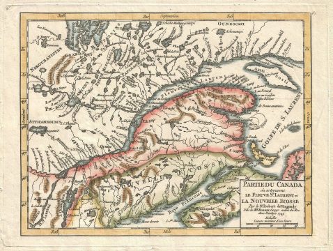 1749 Vaugondy Map of Quebec, New Brunswick, and New England