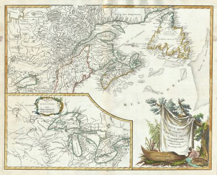 1755 Vaugondy Map of Canada, New Foundland, Nova Scotia and the Great Lakes