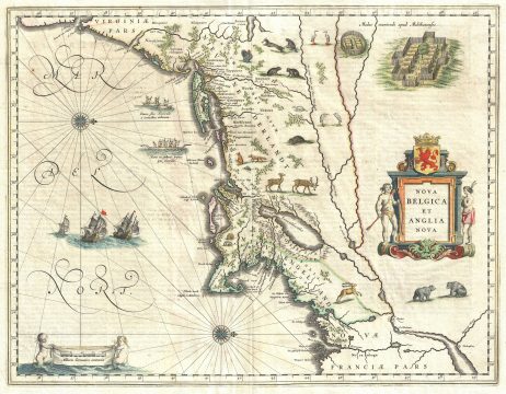 1635 Blaeu Map of New England and New York (1st depiction of Manhattan as an Island)