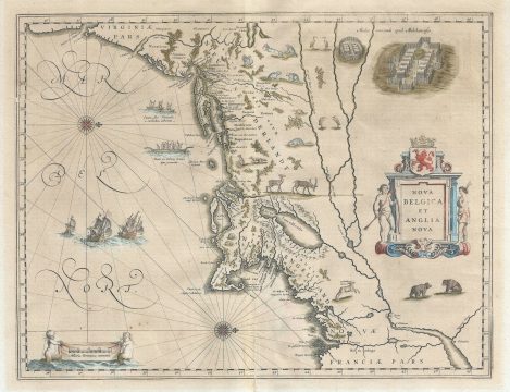 1635 Blaeu Map of New England and New York (1st depiction of Manhattan as an Island)