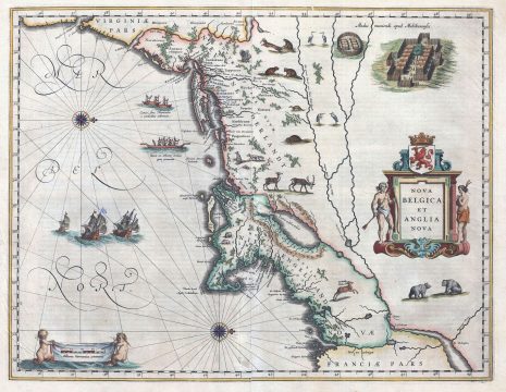 1635 Blaeu Map of New England and New York (1st depiction of Manhattan as an Island)