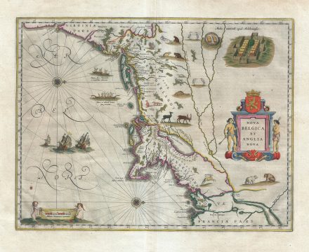 1635 Blaeu Map of New England and New York (1st Map of Manhattan as an Island)