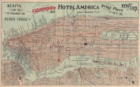 1896 Berutich Hotel America Spanish Map of New York City