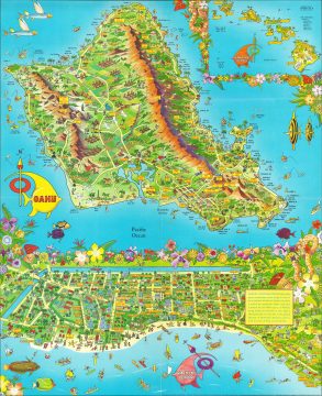 1956 Bloodgood Pictorial Map of Oahu and Waikiki Beach, Hawaii