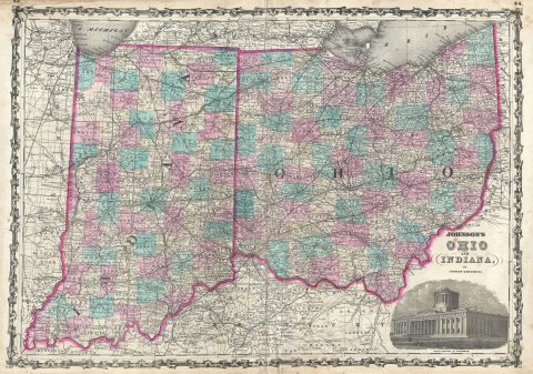 1861 Johnson Map of Ohio and Indiana