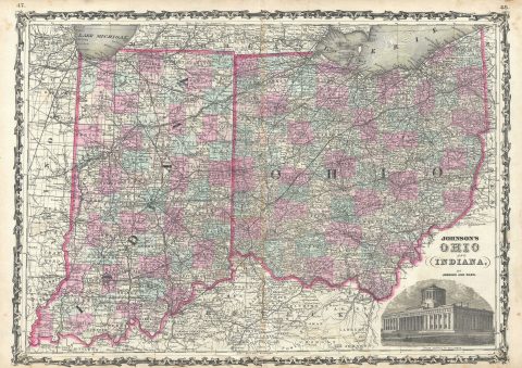 1863 Johnson Map of Ohio and Indiana