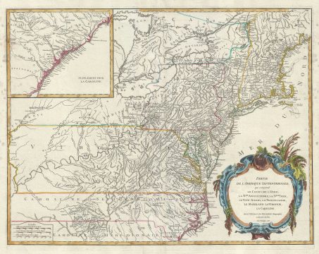 1755 Vaugondy Map of New York, Ohio, Pensylvania, Virginia, and Carolina