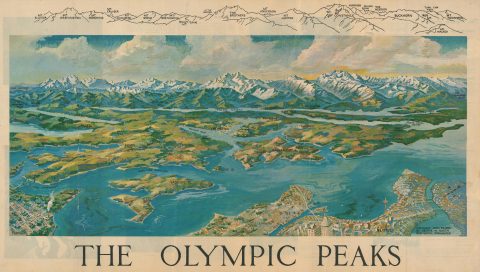 1962 Martin Bird's-Eye View Map of the Olympic Mountains and Puget Sound