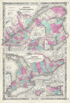 1864 Johnson Map of Upper Canada, Lower Canada and New Brunswick