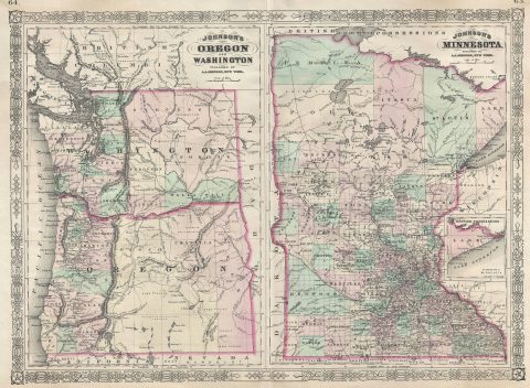 1866 Johnson Map of Oregon, Washington and Minnesota