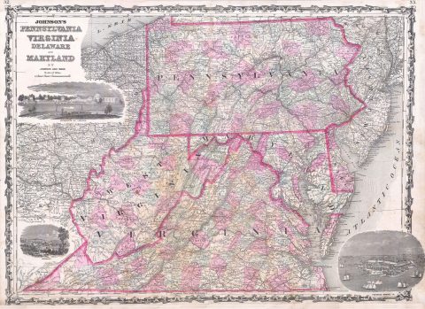 1863 Johnson Map of Virginia, Maryland, Delaware & Pennsylvania