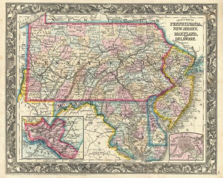 1863 Mitchell Map of Pennsylvania, New Jersey, Delaware and Maryland