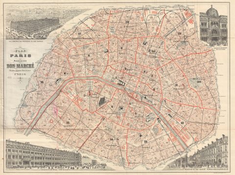 1893 Boucicaut Map of Paris, France illustrating the Magasins du Bone Marche