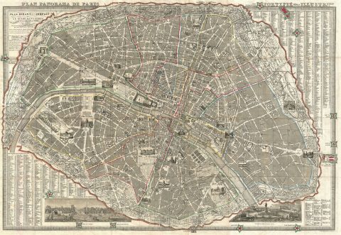 1857 Depot de Guerre Map of Paris, France and its Monuments