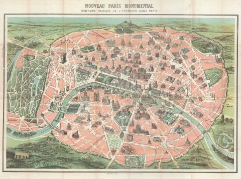 1878 Garnier Pictorial Map of Paris, France w/Monuments