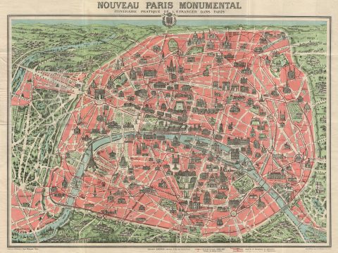 1928 Garnier Map of Paris showing Monuments