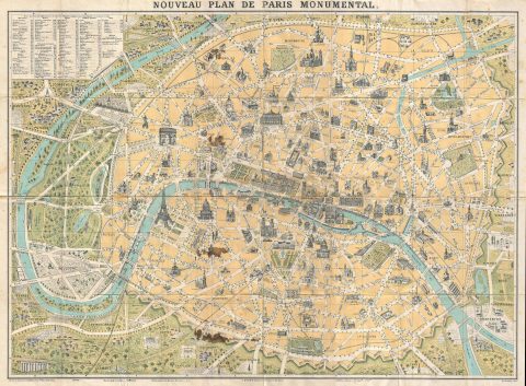 1890 Guilmin Map of Paris, France w/Monuments