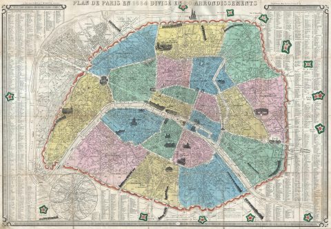 1864 Henriot Pocket Map of Paris, France w/trains