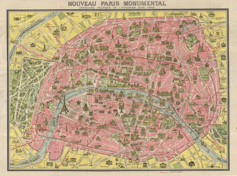 1920 Leconte Pocket Map of Paris, France ( with Eiffel Tower and Metro)