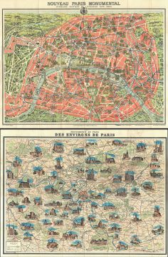 1934 Leconte Map or Plan of Paris, France w/Monuments