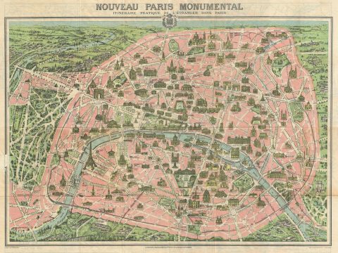 1937 A. Leconte Map of Paris, France w/ Monuments
