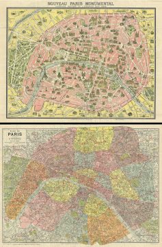 1946 Leconte Pocket Map or Plan of Paris, France Showing Monuments (w/ guidebook)