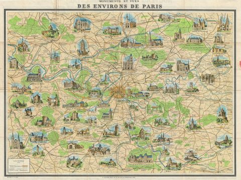 1948 Leconte Pictorial Map of the Environs of Paris, France