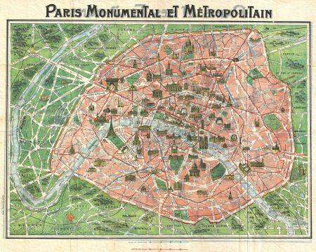 1920 Art Nouveau Monument Map of Paris, France