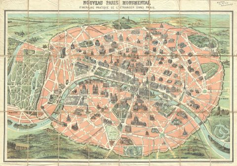 1889 Garnier Pictorial Map of Paris, France w/Monuments