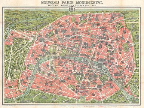 1915 Garnier Pictorial Map of Paris, France w/Monuments