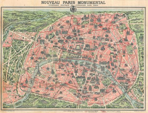 1916 Garnier Pictorial Map of Paris, France w/Monuments