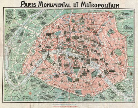 1932 Robelin Map of Paris, France w/Monuments