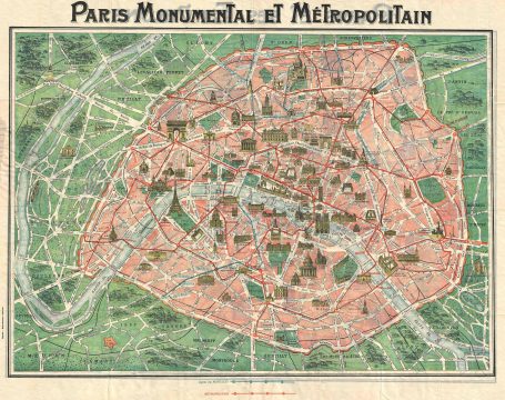 1920 Robelin Pictorial Map of Paris, France w/Monuments