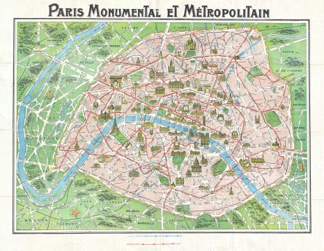 1913 Robelin Pictorial Map of Paris, France w/Monuments