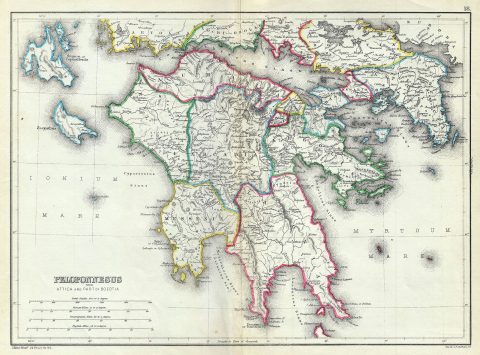 1867 Hughes Map of the Peloponnese Peninsula or Southern Greece in Antiquity